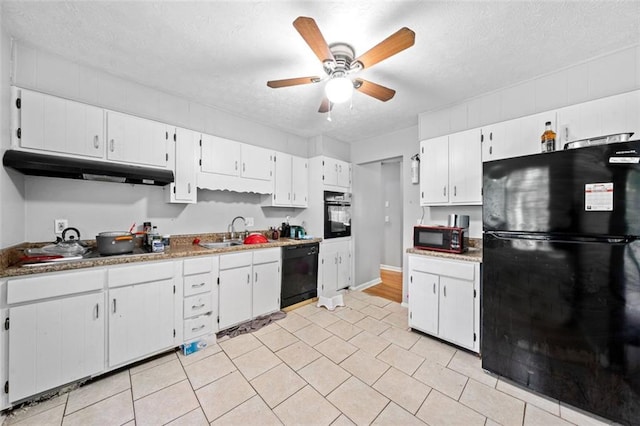 1991 Flat Shoals Rd, Riverdale, GA 30296 - kitchen with black appliances, under cabinet range hood, ceiling fan, white cabinets, and a textured ceiling