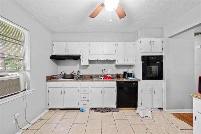 1991 Flat Shoals Rd, Riverdale, GA 30296 - kitchen with black appliances, under cabinet range hood, a ceiling fan, white cabinets, and a textured ceiling