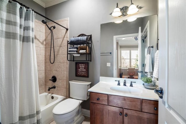 full bathroom featuring vanity, shower / bath combo, crown molding, and toilet