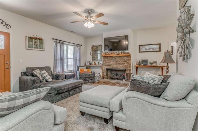 22 Gowen Dr, Rome, GA 30165 - living area with ceiling fan and a fireplace