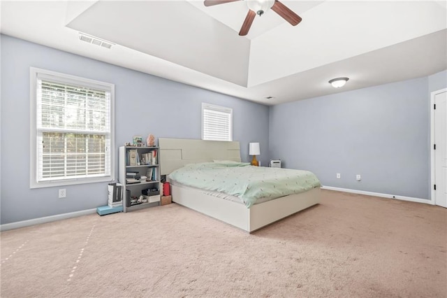 2625 Blackstock Dr, Cumming, GA 30041 - carpeted bedroom with a raised ceiling, visible vents, baseboards, and ceiling fan