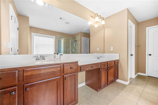 2625 Blackstock Dr, Cumming, GA 30041 - bathroom featuring a shower stall, tile patterned floors, a sink, double vanity, and baseboards