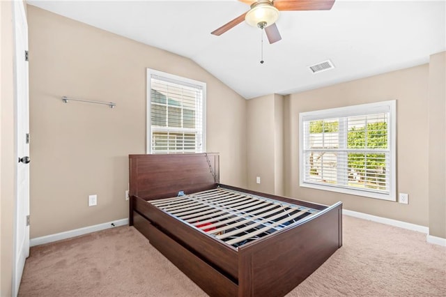 2625 Blackstock Dr, Cumming, GA 30041 - carpeted bedroom featuring ceiling fan, vaulted ceiling, visible vents, and baseboards