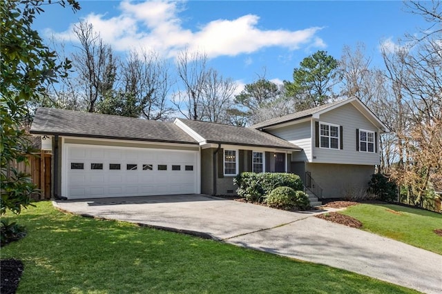 split level home with brick siding, an attached garage, a shingled roof, a front lawn, and driveway