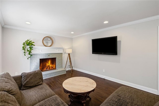 260 Mansell Cir, Roswell, GA 30075 - living room featuring baseboards, a brick fireplace, ornamental molding, and dark wood-style flooring