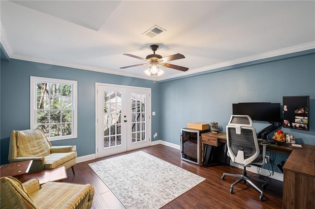 260 Mansell Cir, Roswell, GA 30075 - office area with visible vents, dark wood-style floors, a ceiling fan, and french doors