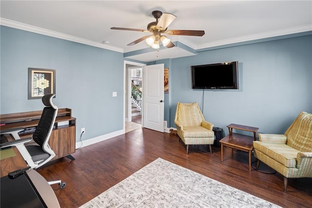 260 Mansell Cir, Roswell, GA 30075 - office featuring ornamental molding, baseboards, a ceiling fan, and wood finished floors
