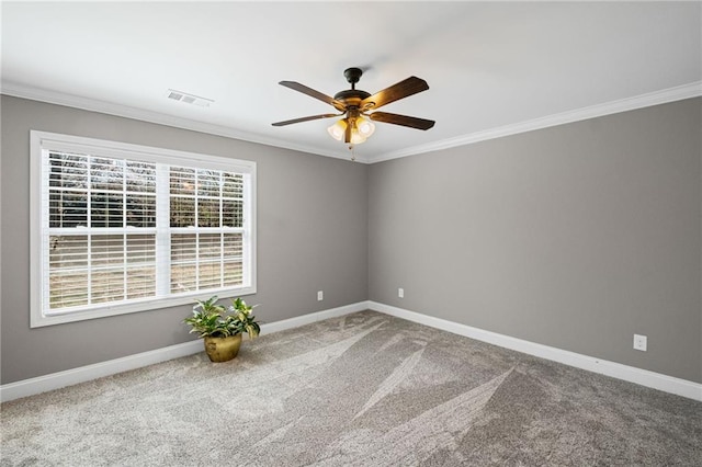 260 Mansell Cir, Roswell, GA 30075 - carpeted spare room with visible vents, a ceiling fan, baseboards, and ornamental molding