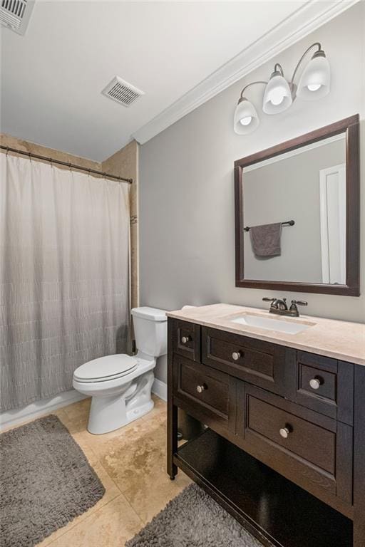 260 Mansell Cir, Roswell, GA 30075 - full bathroom with visible vents, toilet, ornamental molding, a shower with curtain, and vanity