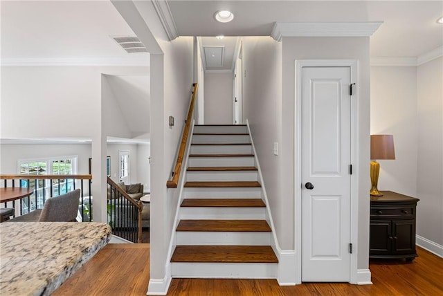 260 Mansell Cir, Roswell, GA 30075 - stairway with visible vents, crown molding, baseboards, recessed lighting, and wood finished floors