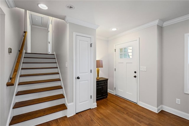 260 Mansell Cir, Roswell, GA 30075 - entrance foyer featuring stairway, wood finished floors, baseboards, recessed lighting, and crown molding