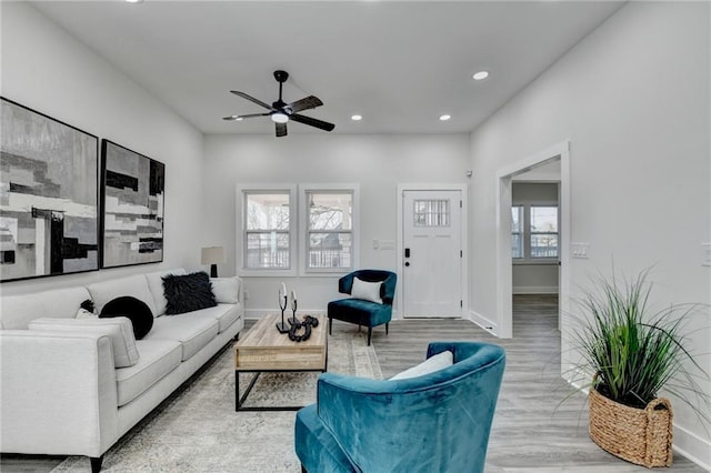 543 Paines Ave NW, Atlanta, GA 30318 - living room featuring baseboards, wood finished floors, a ceiling fan, and recessed lighting