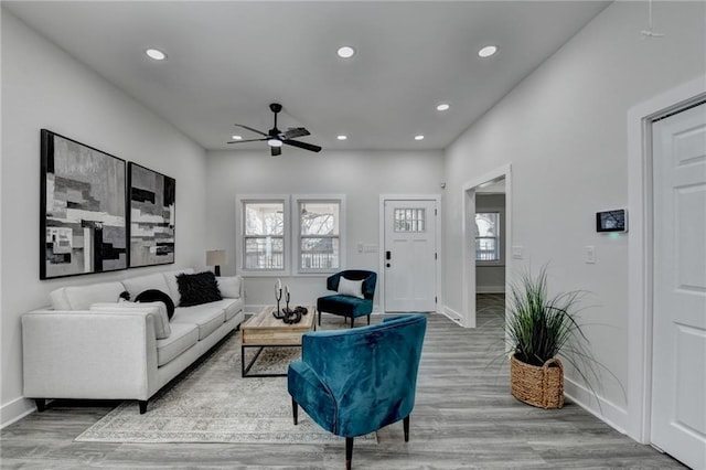 543 Paines Ave NW, Atlanta, GA 30318 - living area with a ceiling fan, baseboards, wood finished floors, and recessed lighting