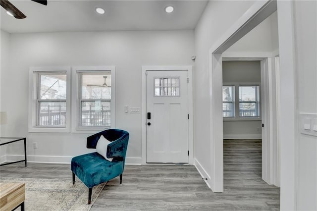 543 Paines Ave NW, Atlanta, GA 30318 - entryway featuring light wood-style floors, baseboards, a ceiling fan, and recessed lighting