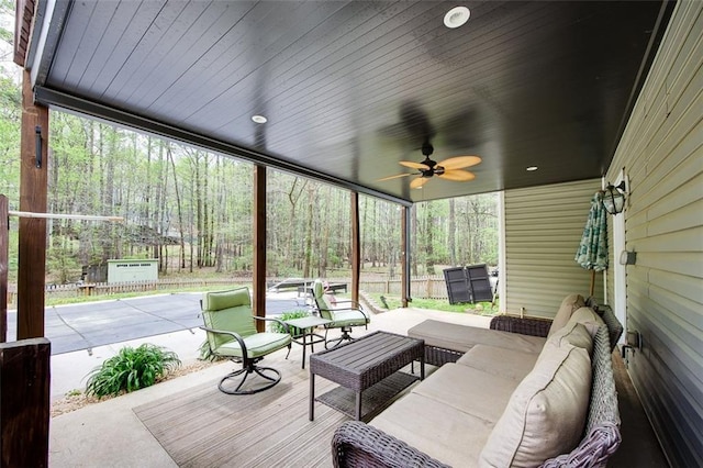 1772 Brittany Chase NW, Kennesaw, GA 30152 - view of patio / terrace with an outdoor living space, ceiling fan, and a forest view