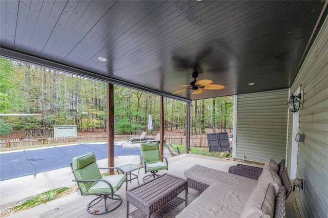 1772 Brittany Chase NW, Kennesaw, GA 30152 - view of patio / terrace featuring an outdoor hangout area, a ceiling fan, and a wooded view