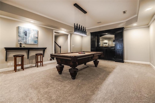 game room with crown molding, light carpet, and billiards