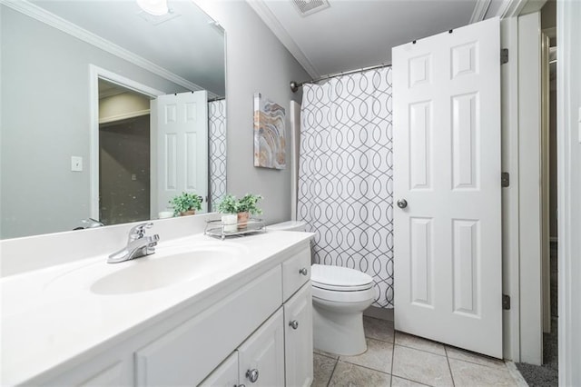 bathroom with crown molding, a shower with shower curtain, vanity, tile patterned floors, and toilet