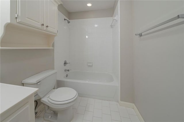 full bath with toilet, shower / tub combination, baseboards, and vanity