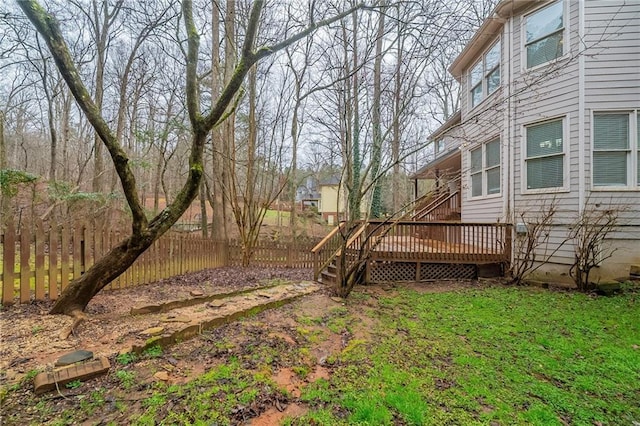 view of yard with a deck and a fenced backyard