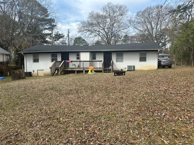 116 Lambert Dr, Stockbridge, GA 30281 - back of house featuring central air condition unit, concrete block siding, a deck, and a shingled roof