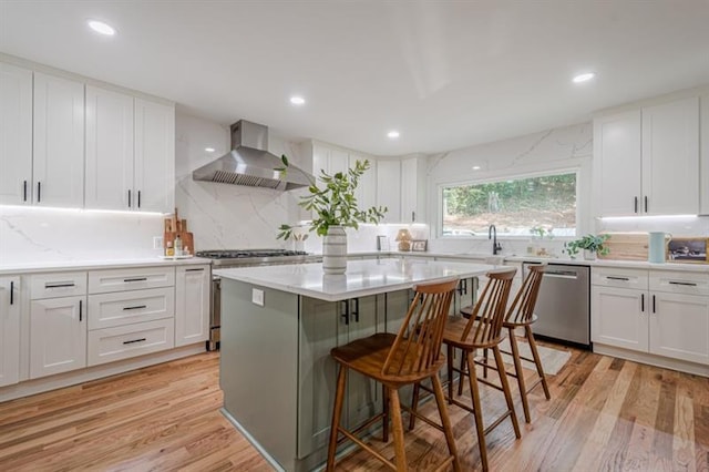 kitchen with a kitchen bar, white cabinetry, wall chimney exhaust hood, backsplash, and appliances with stainless steel finishes