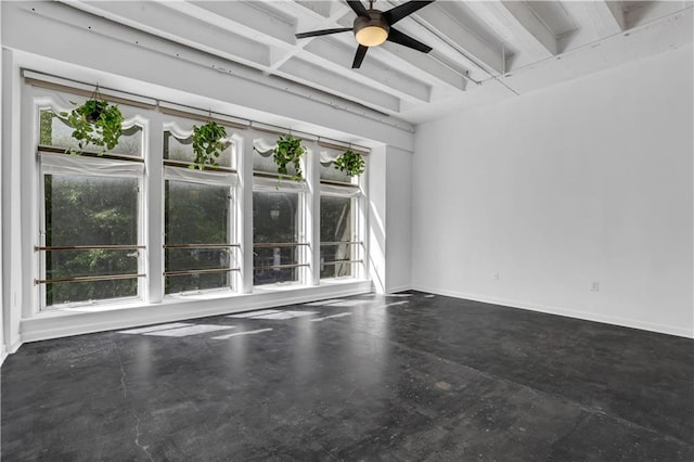 empty room featuring ceiling fan and beamed ceiling