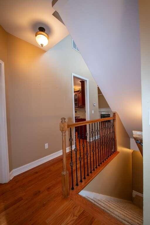 staircase with hardwood / wood-style floors