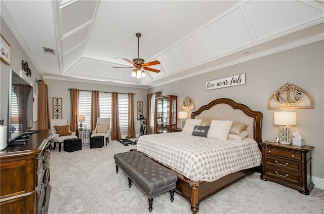 carpeted bedroom featuring crown molding, a ceiling fan, coffered ceiling, and visible vents