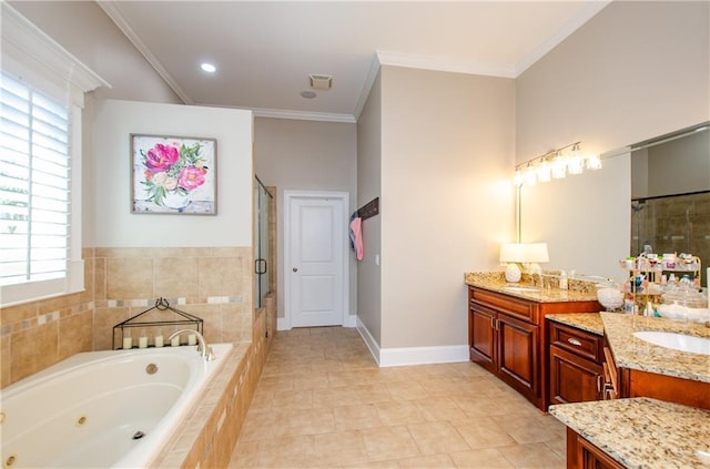full bathroom with crown molding, visible vents, vanity, a jetted tub, and a stall shower