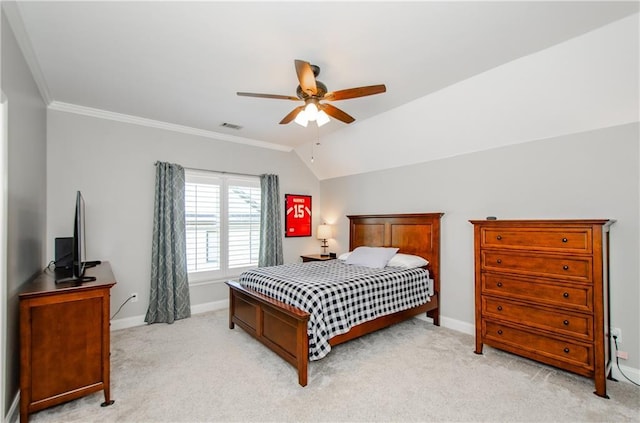bedroom featuring ceiling fan, light colored carpet, visible vents, baseboards, and ornamental molding