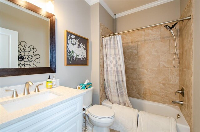bathroom featuring crown molding, shower / tub combo with curtain, toilet, and vanity
