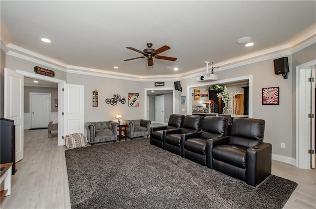 cinema room featuring recessed lighting, a ceiling fan, baseboards, and light wood-type flooring