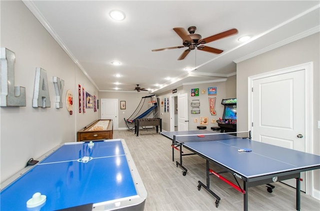 game room featuring recessed lighting, ceiling fan, ornamental molding, and wood finished floors