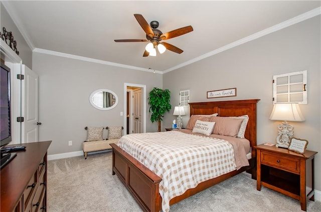 bedroom featuring baseboards, ornamental molding, ceiling fan, and light carpet