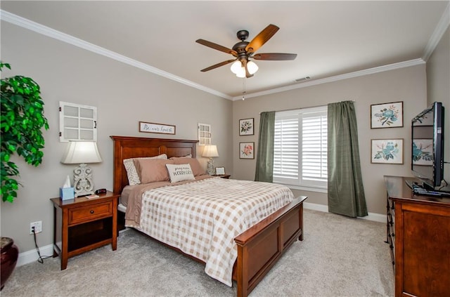 bedroom with light colored carpet, ornamental molding, baseboards, and visible vents