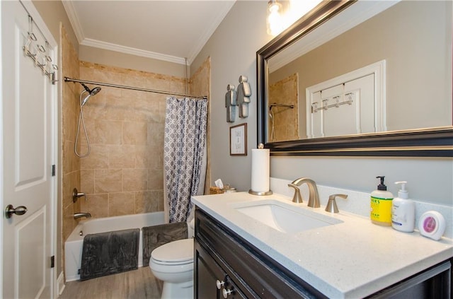 full bath with crown molding, vanity, toilet, wood finished floors, and shower / tub combo