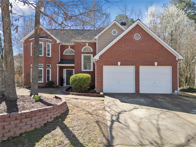 view of front of home with brick siding, an attached garage, and concrete driveway