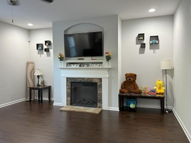 living room with a fireplace and dark hardwood / wood-style flooring