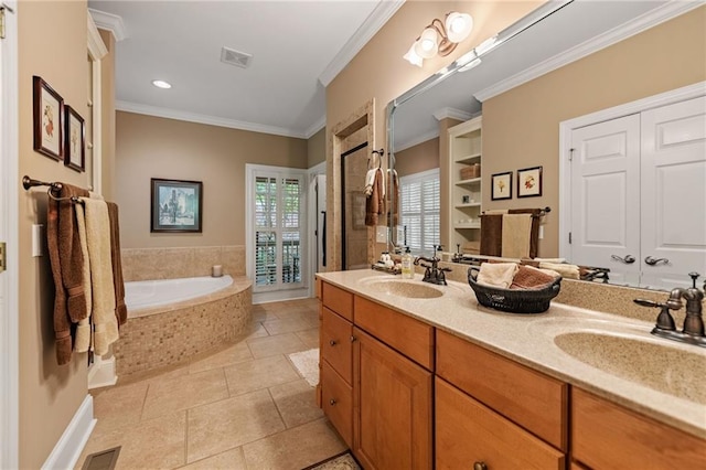 bathroom featuring crown molding, tiled bath, and vanity