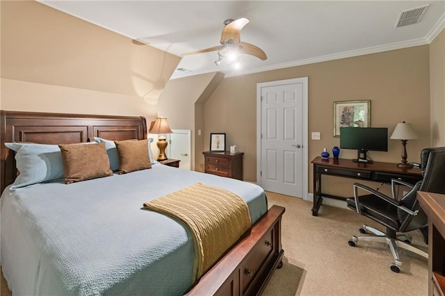 bedroom with light carpet, ceiling fan, and ornamental molding