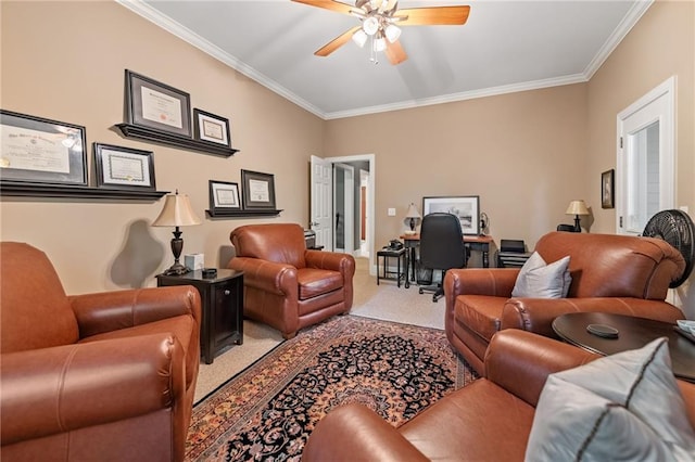 carpeted living room with ceiling fan and crown molding