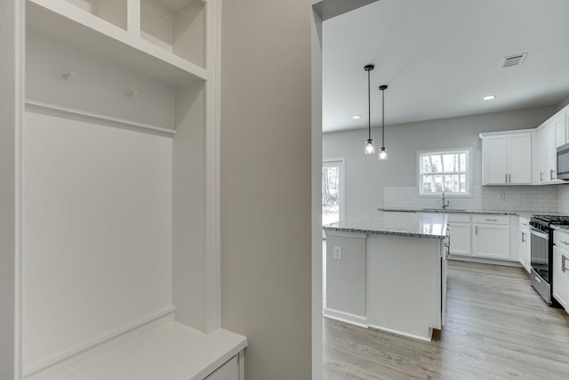 mudroom with light hardwood / wood-style floors and sink