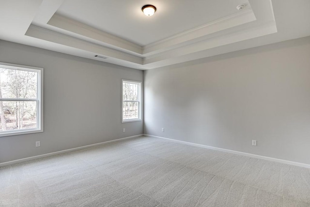 carpeted empty room featuring a raised ceiling, a wealth of natural light, and crown molding