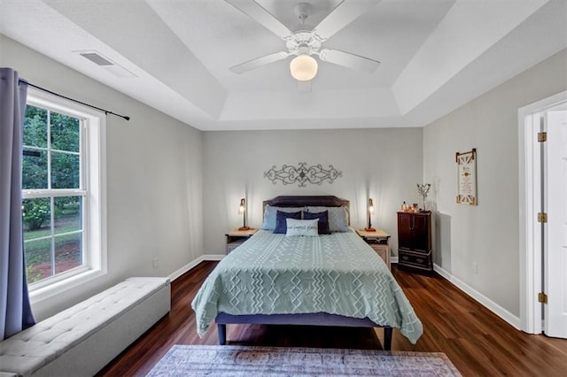 1050 Birdseye Vw, Locust Grove, GA 30248 - bedroom featuring a tray ceiling, wood finished floors, and a ceiling fan