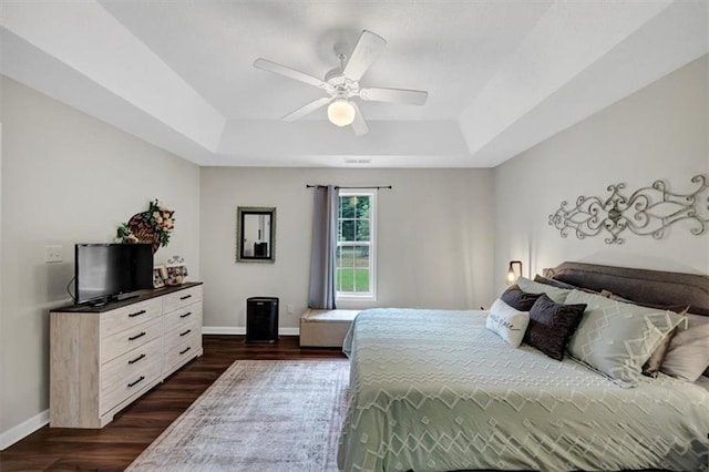 1050 Birdseye Vw, Locust Grove, GA 30248 - bedroom featuring a tray ceiling, dark wood-type flooring, and ceiling fan
