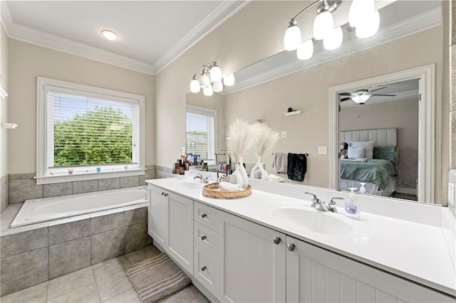 ensuite bathroom featuring double vanity, tile patterned flooring, a sink, ornamental molding, and ensuite bathroom
