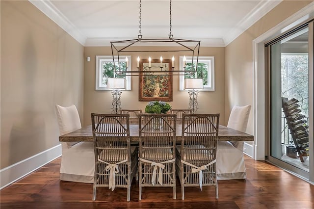 dining area featuring a wealth of natural light, dark wood-type flooring, and crown molding