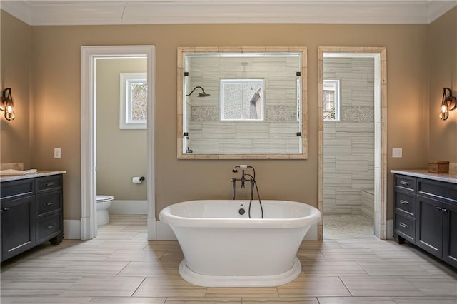 bathroom featuring toilet, vanity, baseboards, a freestanding bath, and walk in shower