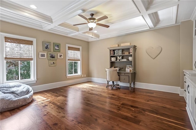 office with baseboards, coffered ceiling, dark wood-style floors, ornamental molding, and beam ceiling